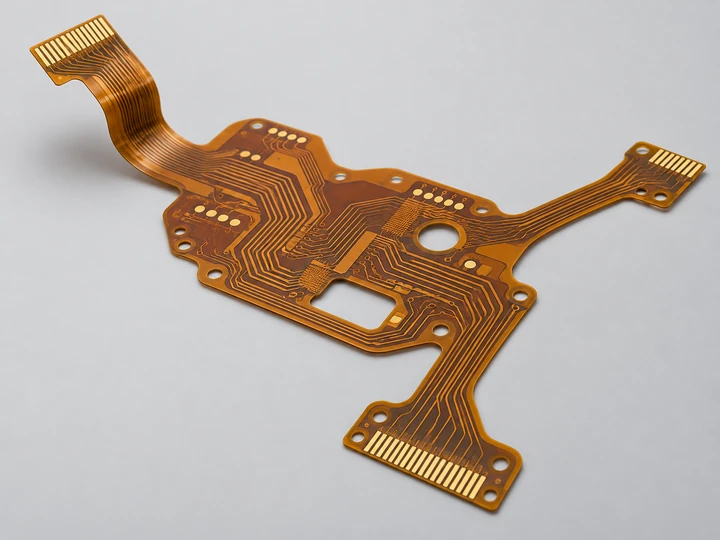 Concept render of a branching flexible PCB with routed copper traces and connector tails