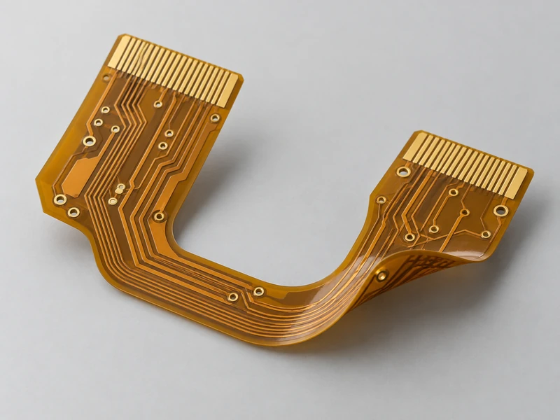 Double-layer flexible PCB with curved interconnect neck and plated through holes
