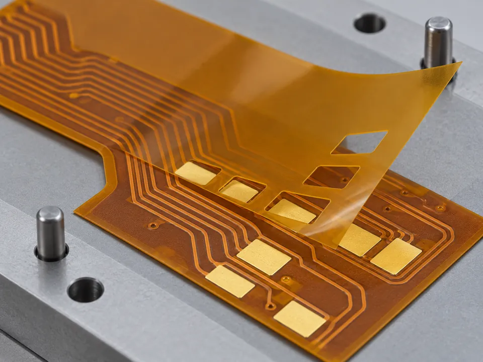 Pre-cut polyimide coverlay aligned over exposed flexible PCB pads