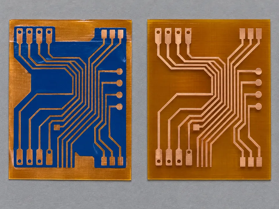 Photoresist-protected copper pattern beside an etched flexible circuit