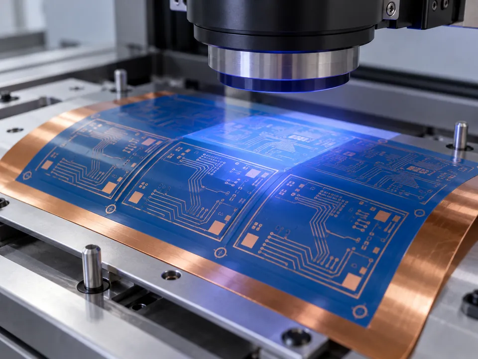 Fine circuit artwork on blue photoresist over a flexible copper-clad panel