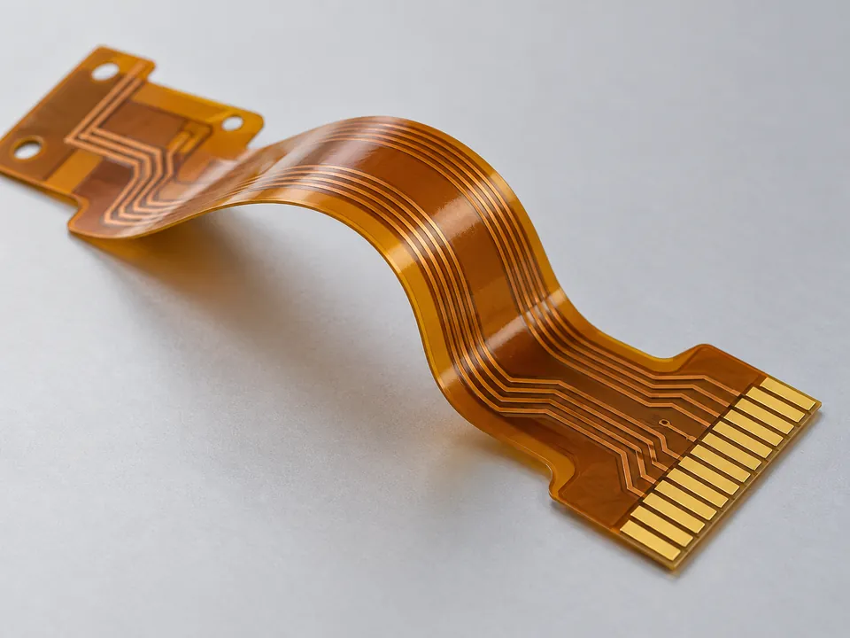 Unpopulated amber flexible PCB with fine copper traces and flat gold contact pads