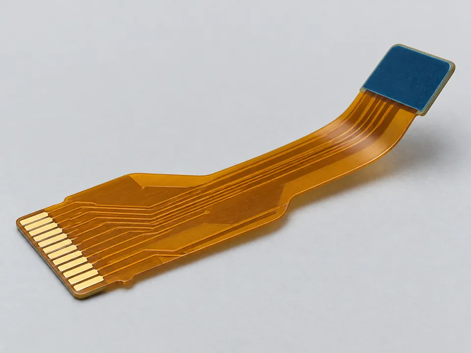 Flexible circuit with a blue stiffener supporting its connector tail