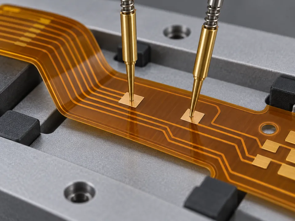 Electrical test probes contacting exposed pads on a supported flexible PCB