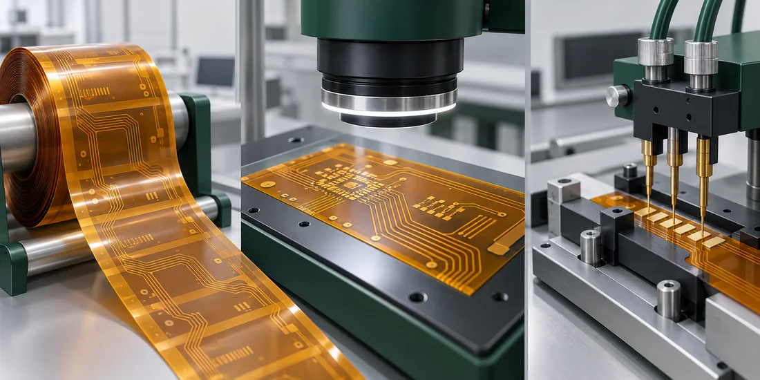 Illustration of flexible PCB material handling, optical inspection, and electrical probe testing