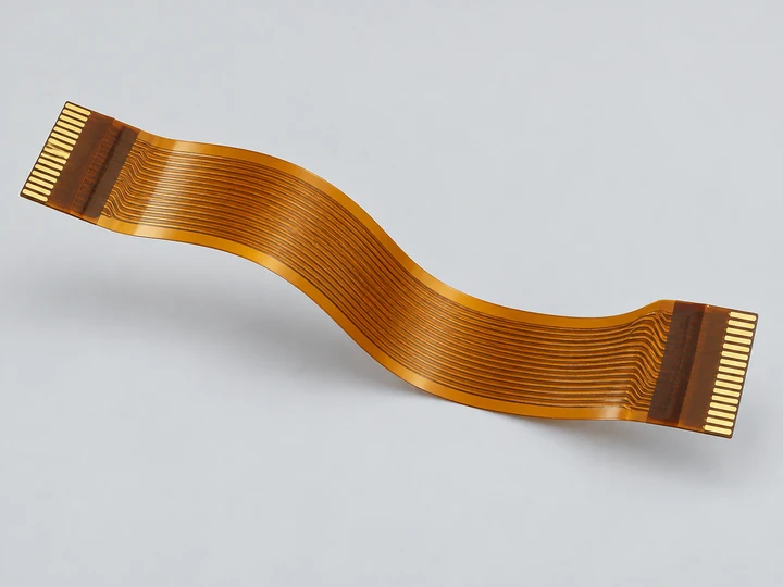 Concept render of an amber flexible PCB tail with copper traces and gold connector contacts