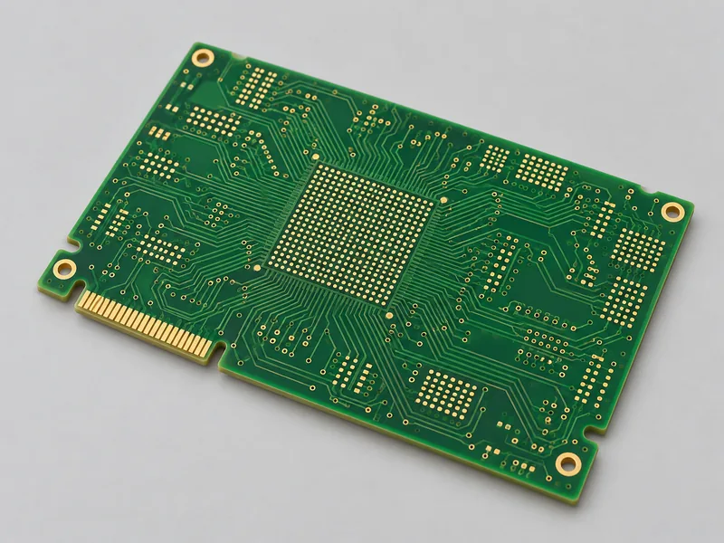 Rectangular HDI PCB with a central fine-pitch BGA pad array and gold edge contacts