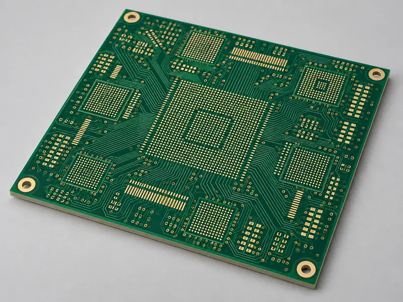 Unpopulated emerald HDI PCB with dense flat gold BGA pads and fine fanout traces