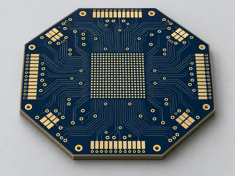 Octagonal navy blue bare HDI PCB with flat gold pads and precision fine routing