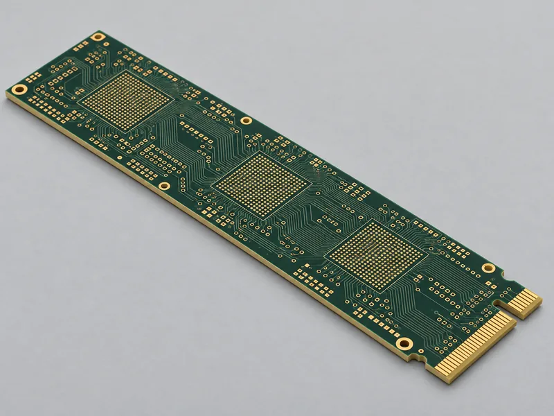 Bare multilayer HDI module board with three flat gold BGA pad arrays and edge contacts
