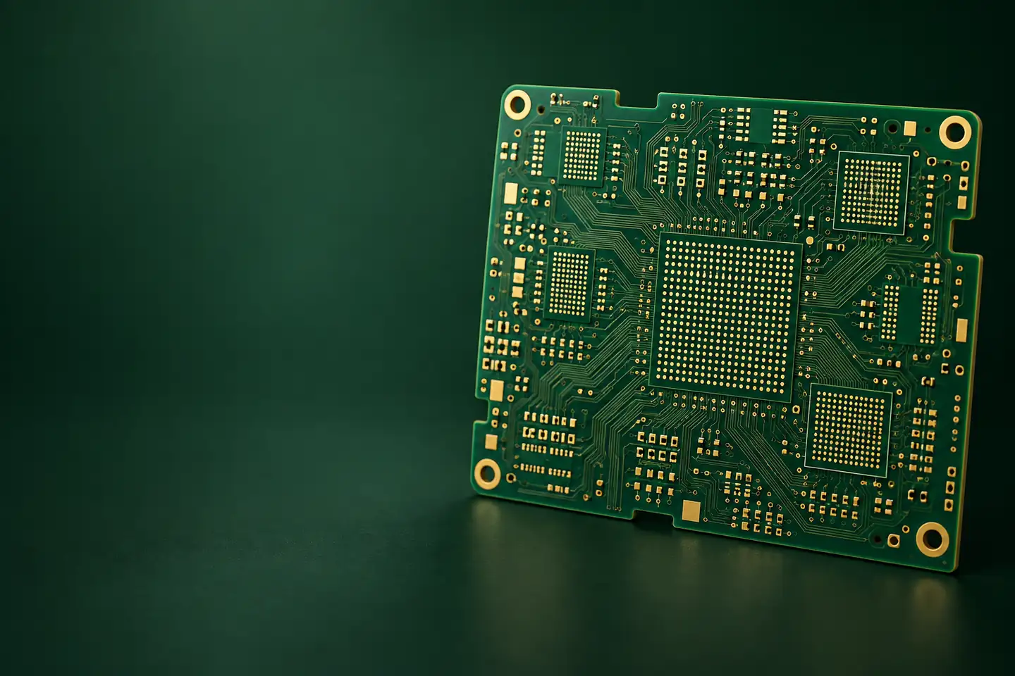 Bare HDI PCB with dense gold BGA pads and fine routing on dark green soldermask