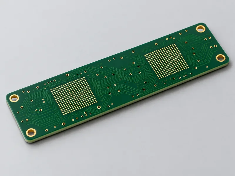Unpopulated HDI bare board with flat gold BGA lands, fine traces and plated vias