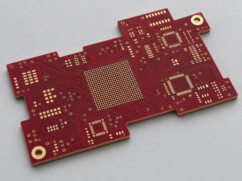 Unpopulated red HDI PCB with a stepped outline, flat gold BGA pads and fine routing