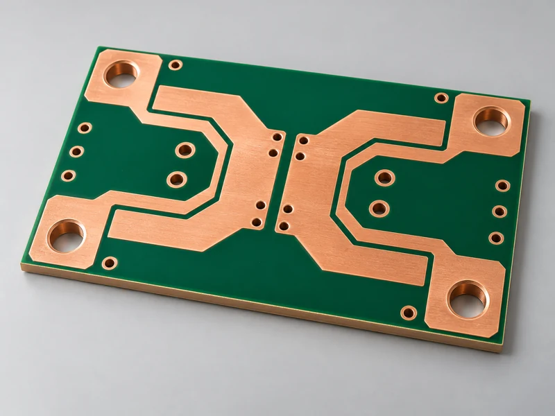Double-sided heavy copper bare PCB with broad copper power paths and large terminal holes