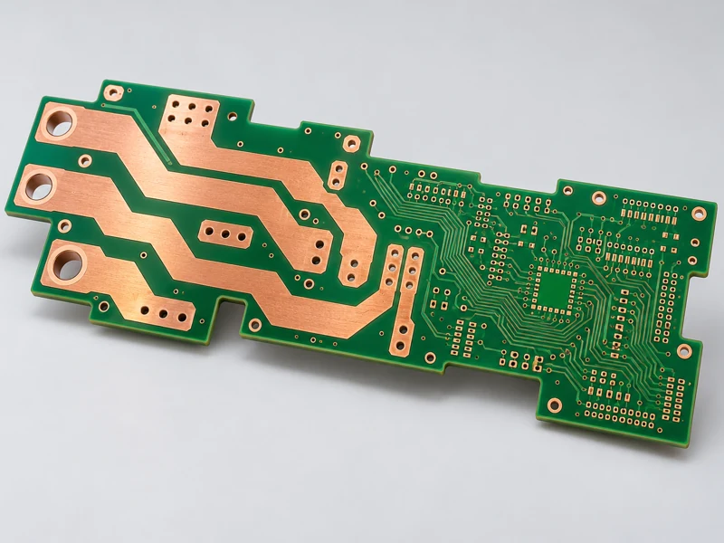 Mixed copper bare PCB with broad power conductors and a fine signal routing region