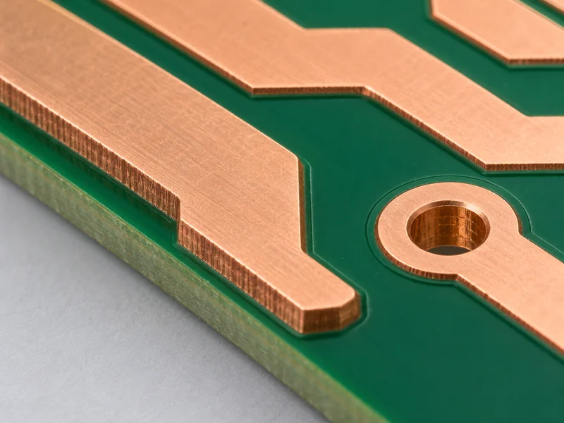 Close-up of thick copper conductor edges and a plated hole on a green bare PCB