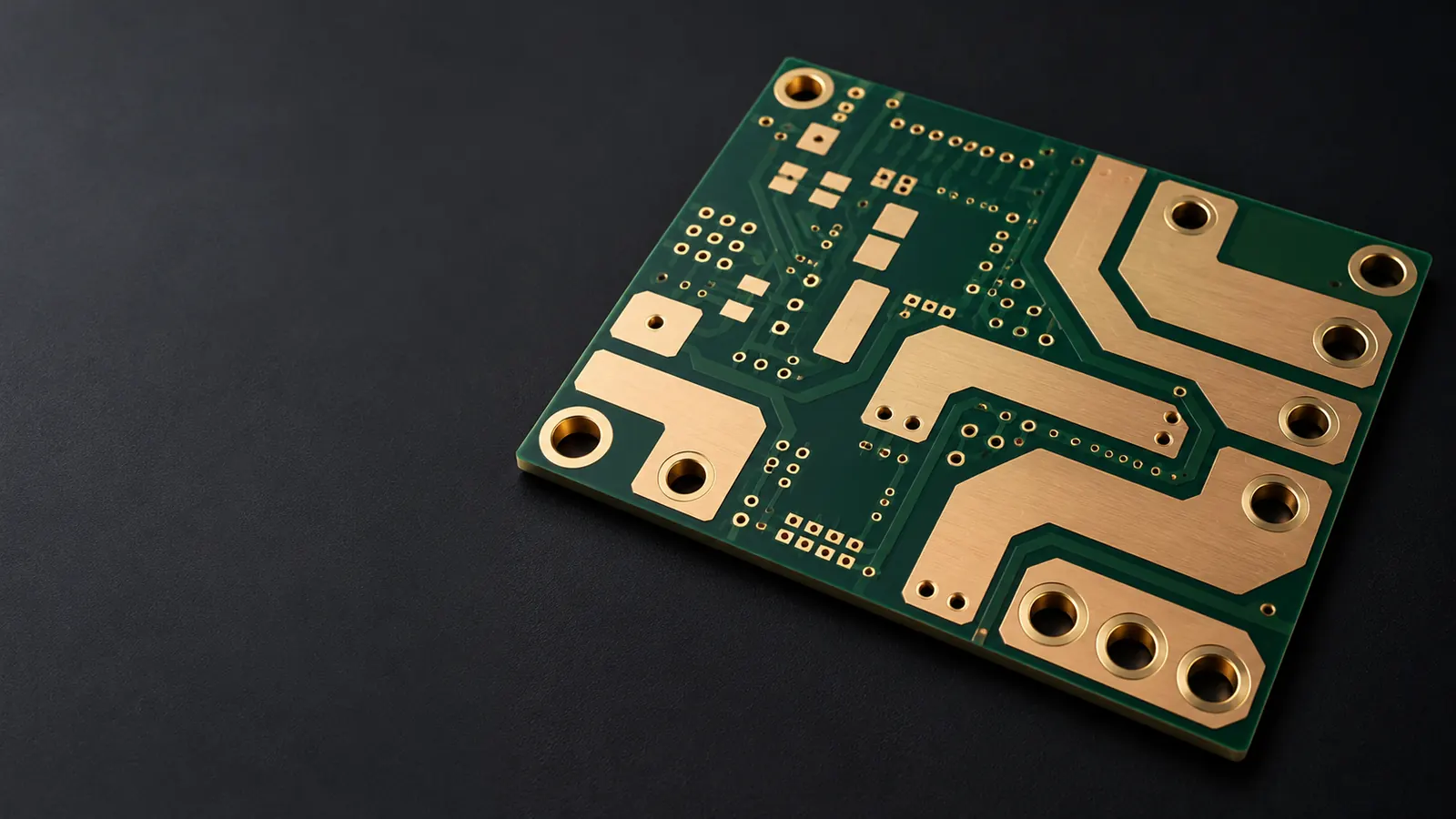 Unpopulated heavy copper power PCB with broad gold conductors on a dark background