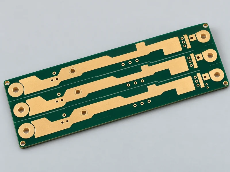 Elongated bare motor drive PCB with three wide parallel power channels