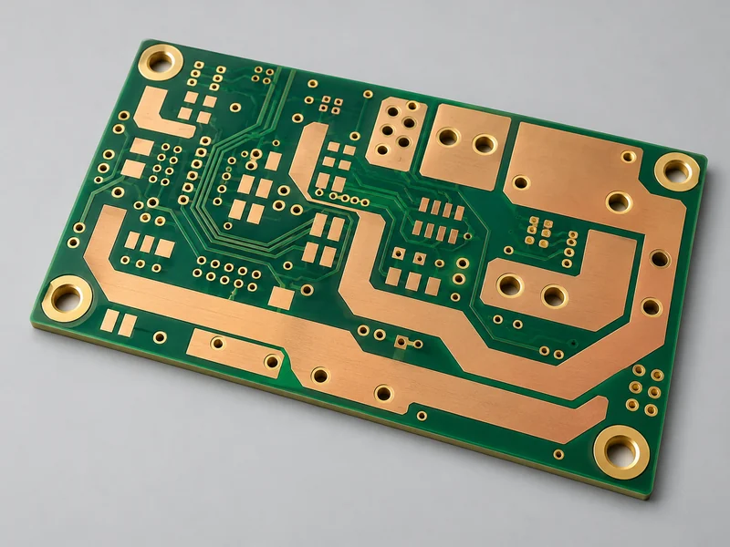 Green heavy copper bare circuit board with wide power paths and plated terminal holes
