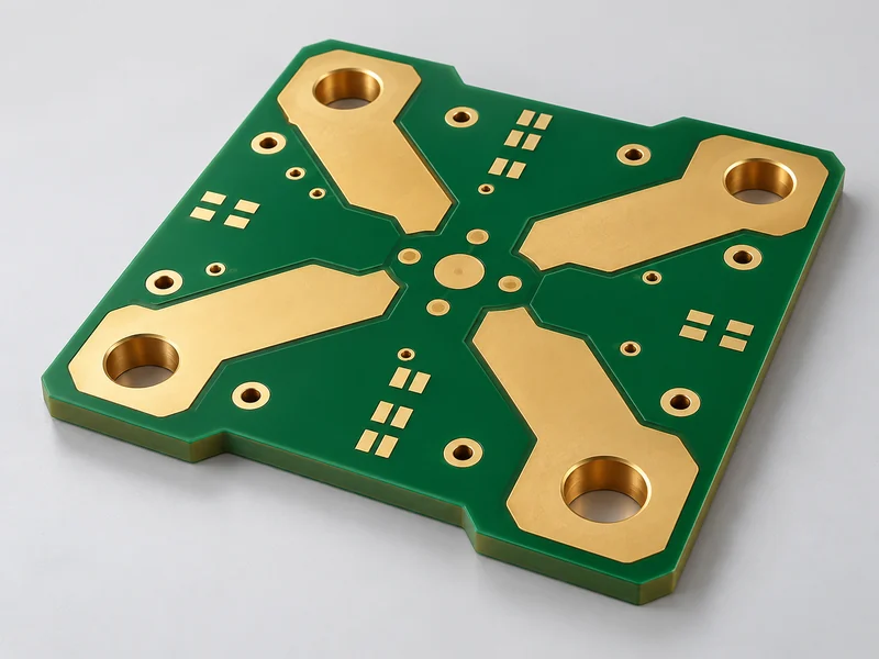 Square heavy copper power distribution board with four broad terminal paths