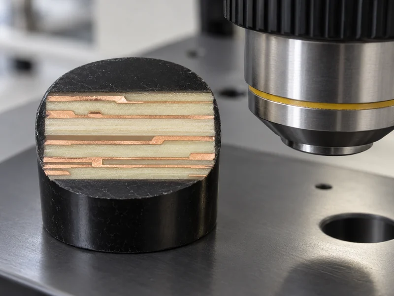 Polished multilayer PCB cross-section sample beside a microscope objective