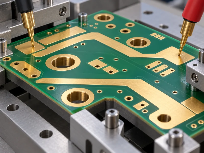 Electrical test probes contacting gold pads on a heavy copper power PCB