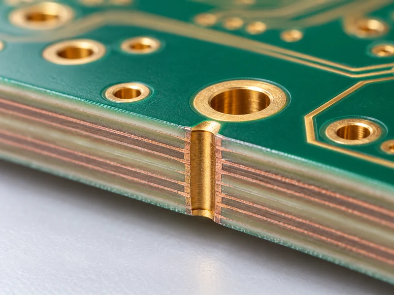 Macro view of multilayer PCB edge and gold plated through-holes