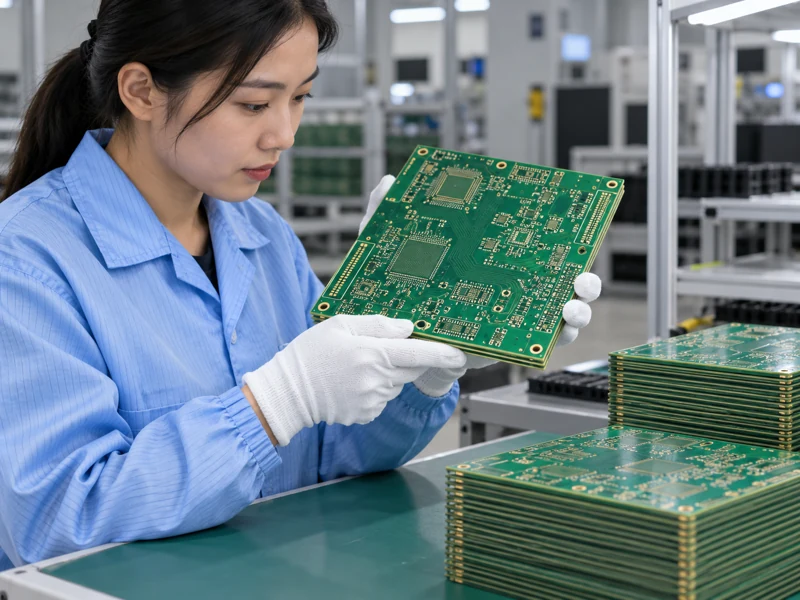Technician inspecting a bare multilayer circuit board beside matching boards