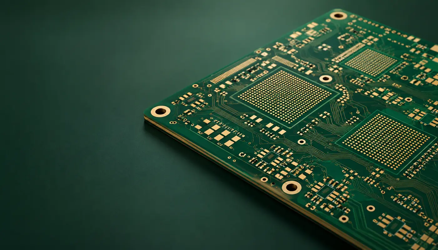Unpopulated multilayer green PCB with dense gold pads on a dark green background