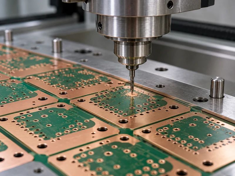 Precision CNC drill forming holes in a rigid PCB production panel
