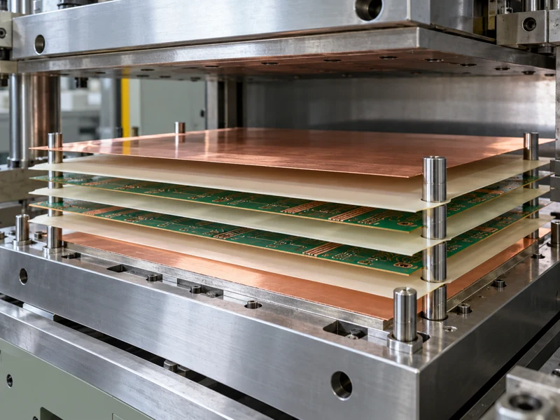 Copper foil cores and prepreg aligned at a multilayer PCB lamination press