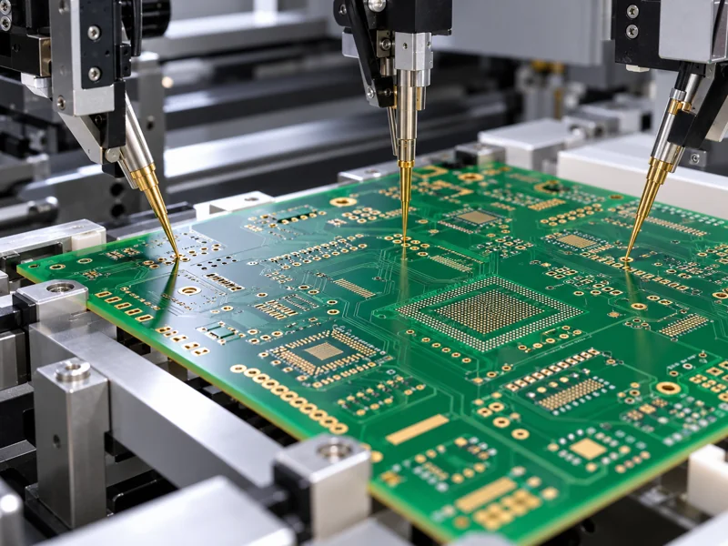 Flying probe tester checking gold pads on a bare multilayer PCB