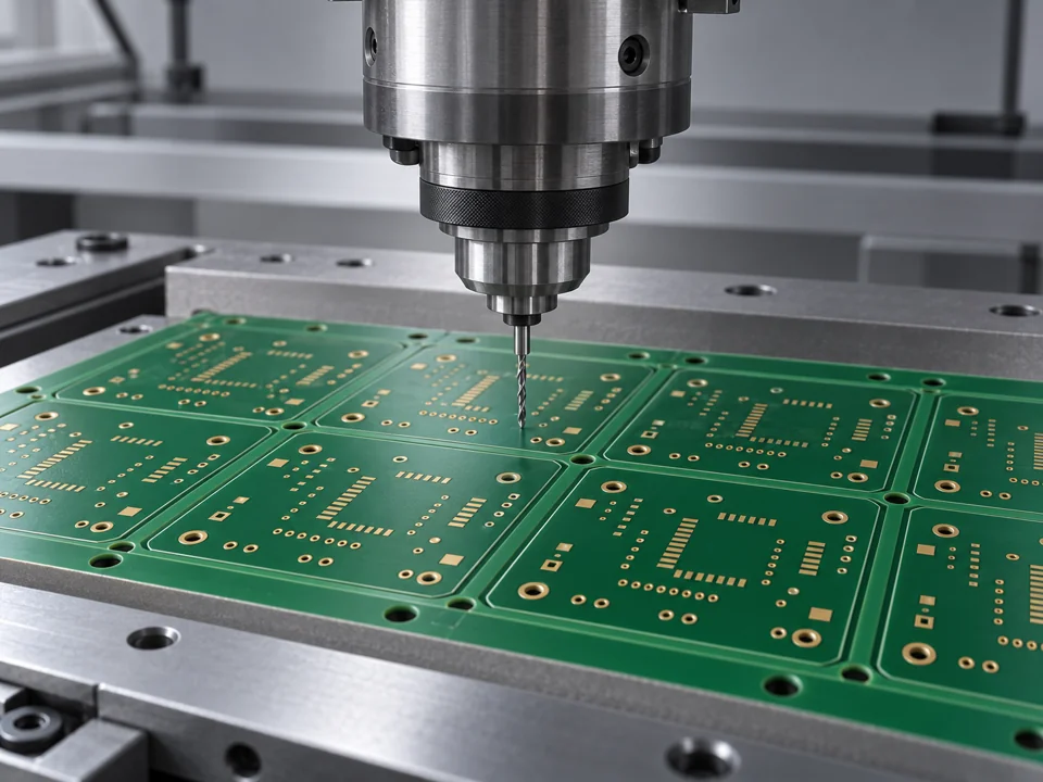 Precision mechanical drill positioned above a supported rigid PCB production panel