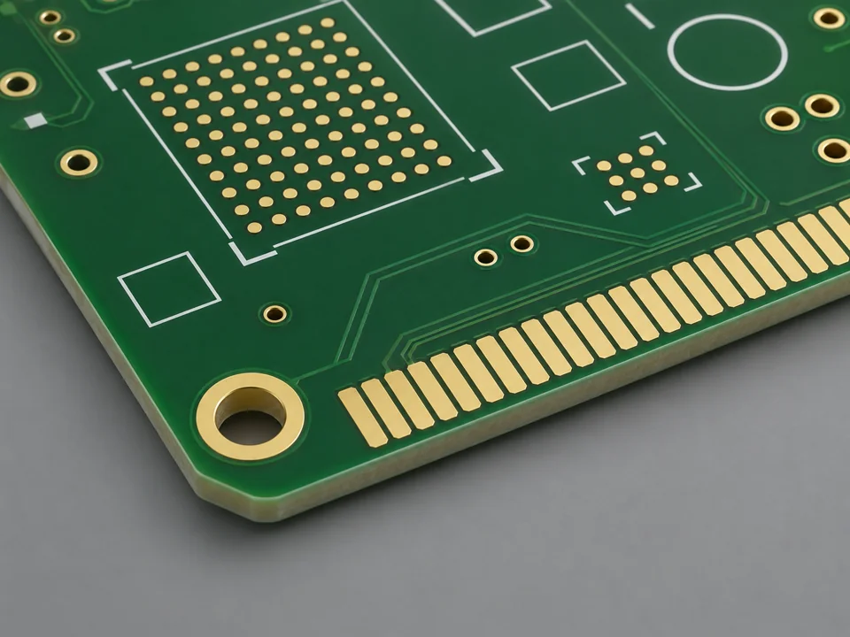 Green solder mask and flat gold connector contacts on an unpopulated rigid PCB