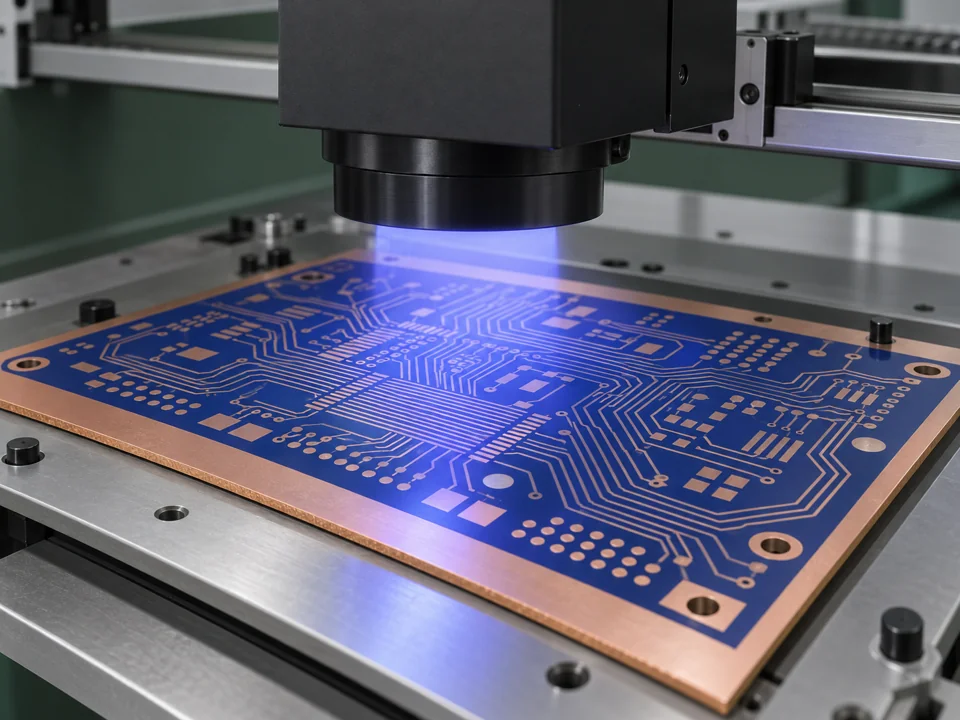 Blue photoresist circuit pattern on a rigid copper-clad core beneath an imaging head