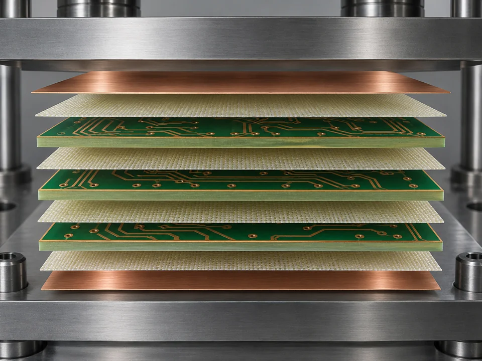 Exploded multilayer PCB lay-up showing copper cores, prepreg and outer copper foil