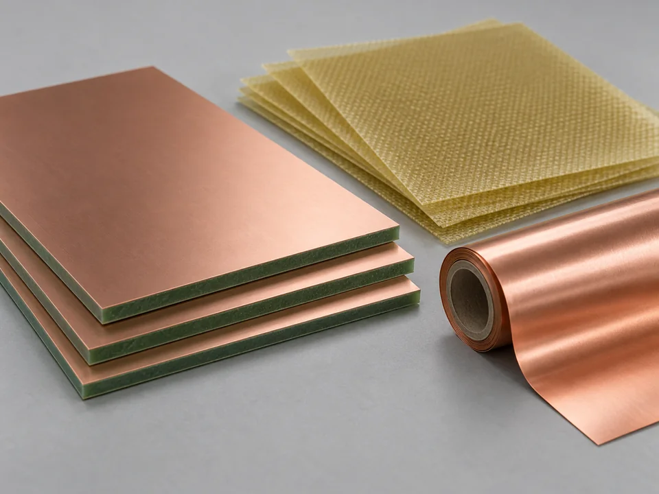 Copper-clad FR4 cores, glass prepreg sheets and rolled copper foil for rigid PCB construction