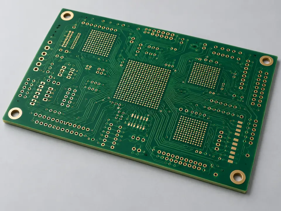 Unpopulated green multilayer PCB with fine routing, flat gold pads and plated holes
