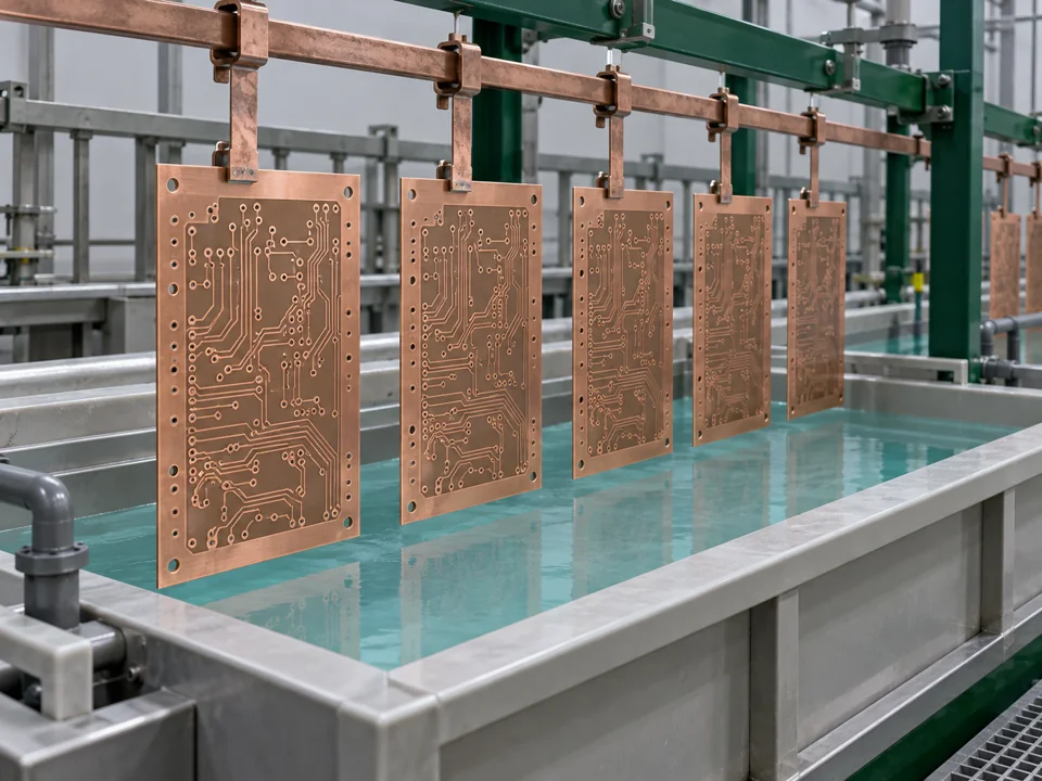 Bare PCB production panels suspended from a rack above a copper plating tank