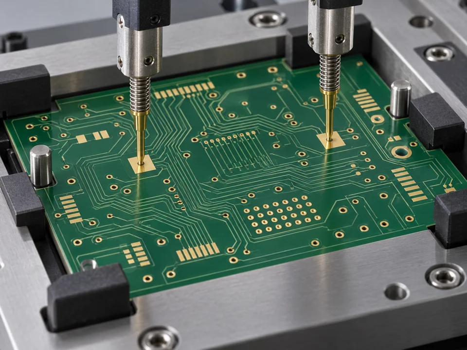 Electrical test probes contacting exposed pads on an unpopulated rigid PCB
