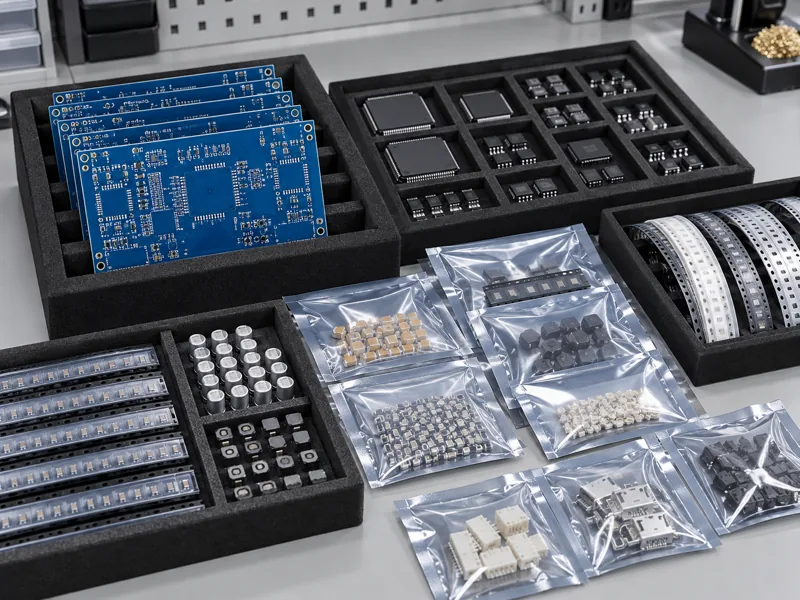 Consigned blue bare circuit boards and electronic components organized in antistatic trays