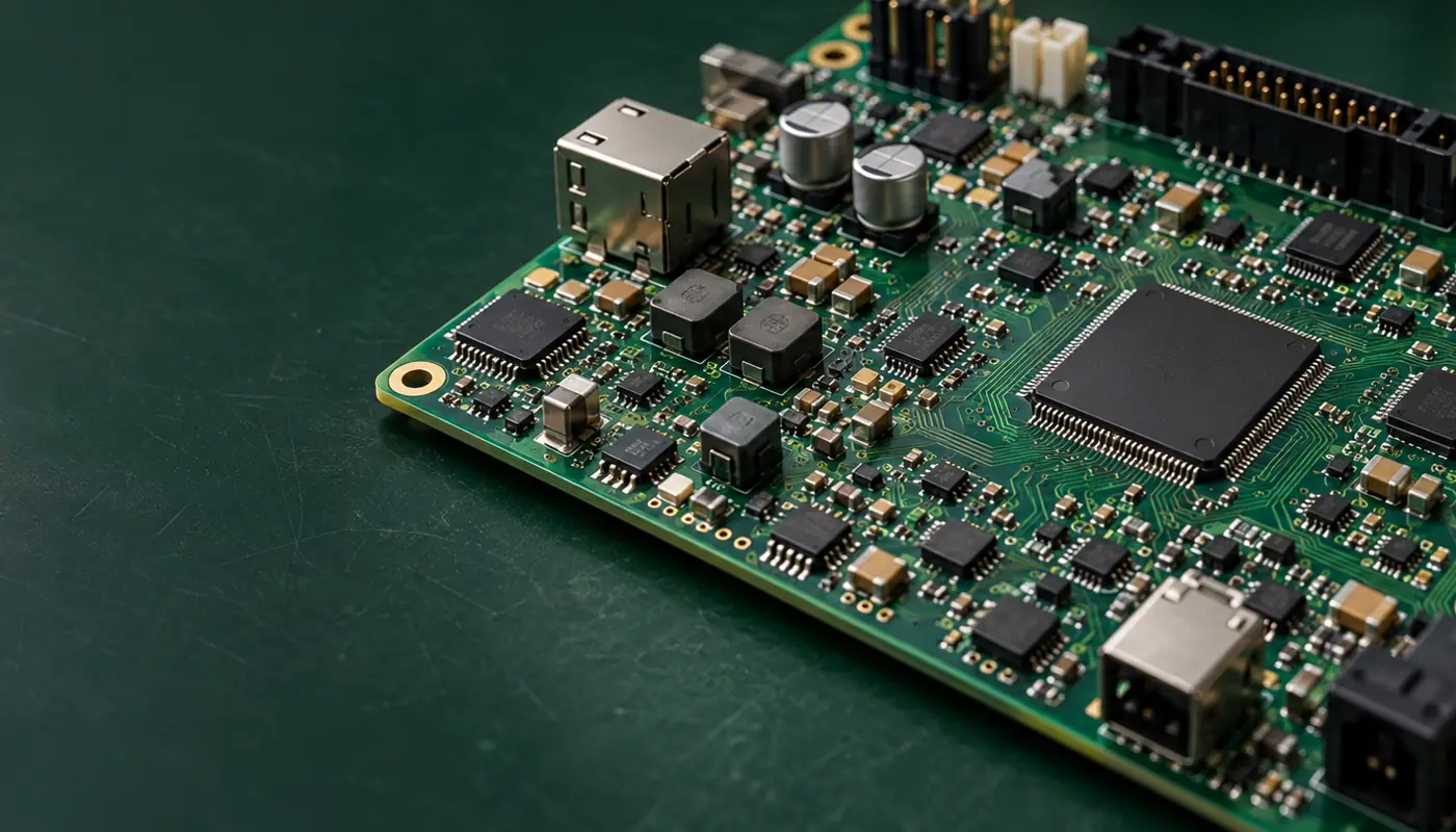 Populated green PCB assembly with integrated circuits and connectors on a dark background