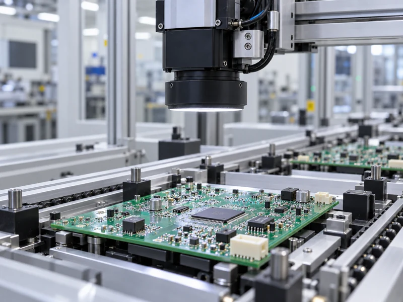 Optical inspection camera examining components and solder joints on an assembled PCB