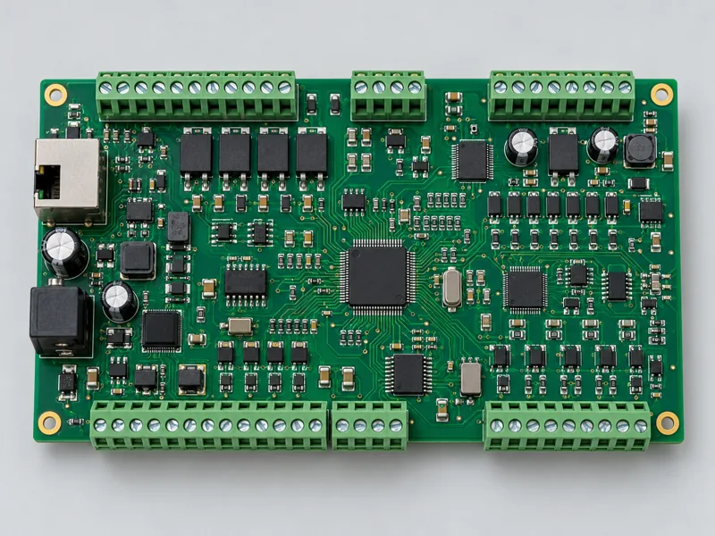 Industrial control PCB assembly with surface mount components and terminal connectors