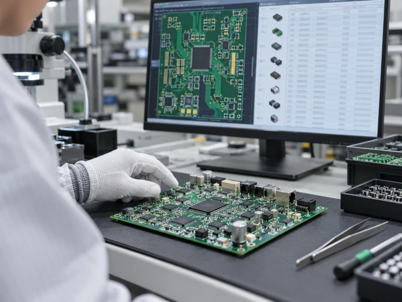 PCB assembly engineering and BOM review with CAD layout and populated circuit board
