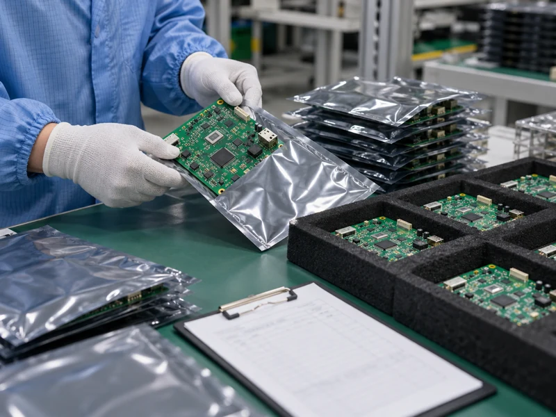 Finished PCB assemblies protected in antistatic bags and ESD foam trays