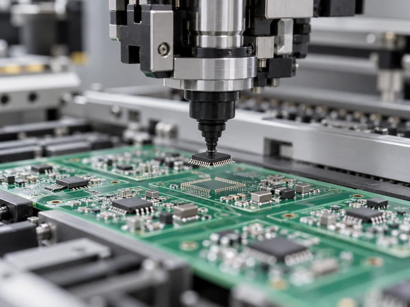 SMT placement nozzle positioning an integrated circuit on a green PCB
