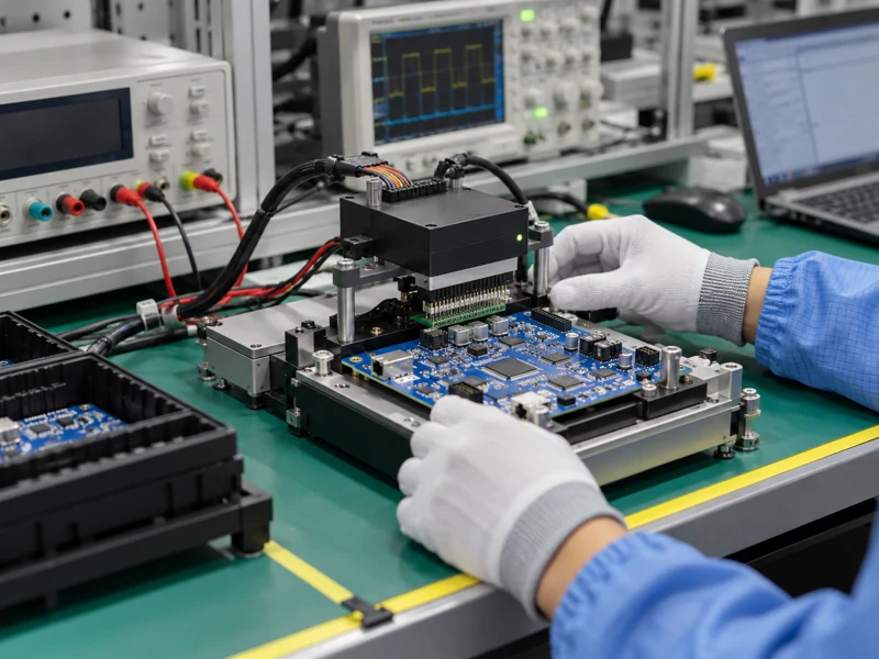 Blue PCB assembly connected to a programming adapter and electrical test fixture