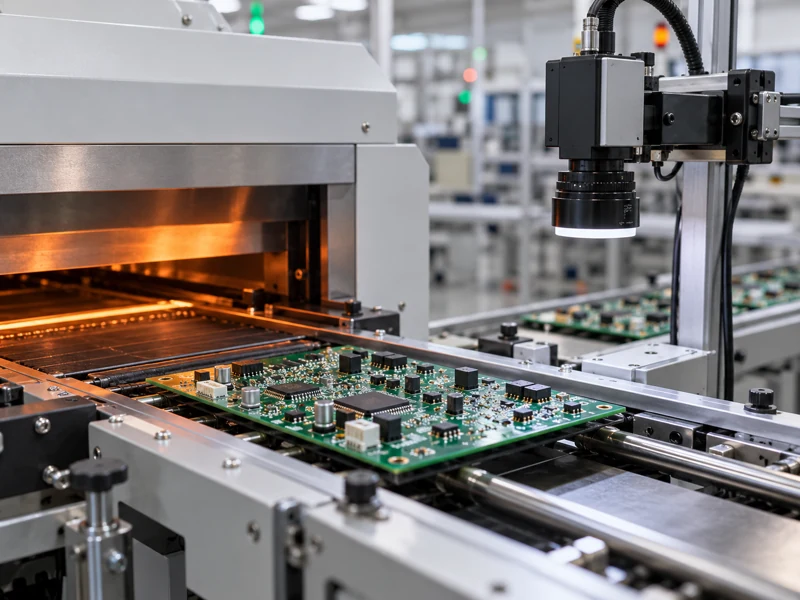 PCB assembly conveyor at a reflow soldering and optical inspection station