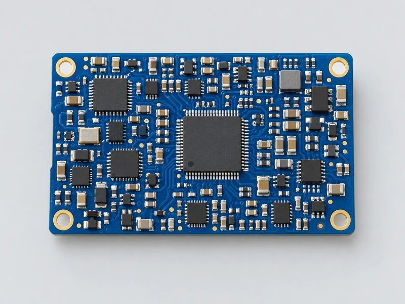 Compact blue SMT PCB assembly with integrated circuits and small passive components